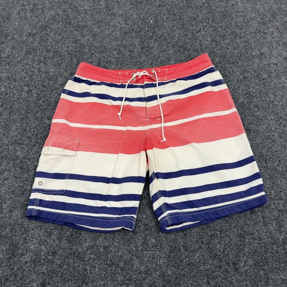 J Crew Board Shorts Mens 32 Red White Blue Nylon Striped Swim Trunks Prep Surf